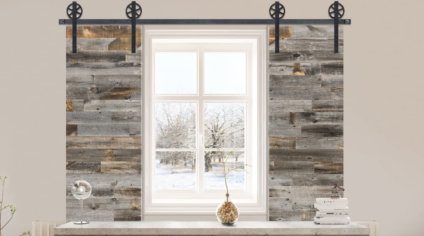 Barn door window treatments in a bathroom